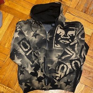 Obey Shepard Fairey Rare Vintage Men’s Zip Up Hoodie Black Tan Size Large